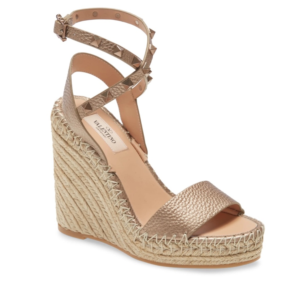 NWT Valentino Garavani Rockstud Double Strap Espadrille Wedge in metallic 38